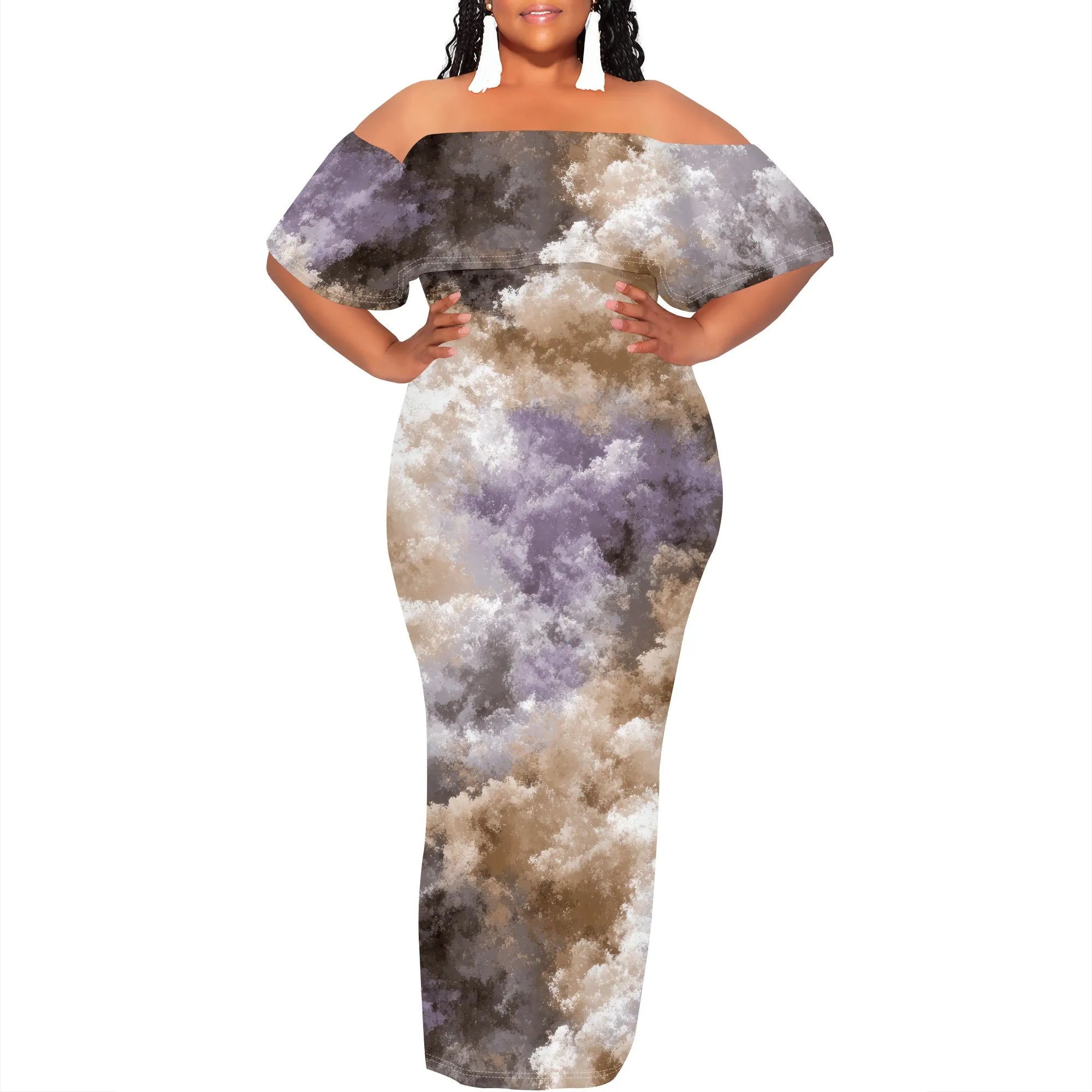 Curvy Women Casual Solid Color Off Shoulder Casual Short Sleeve Sexy Plus Size Maxi Dress Cocktail Club Party Dresses