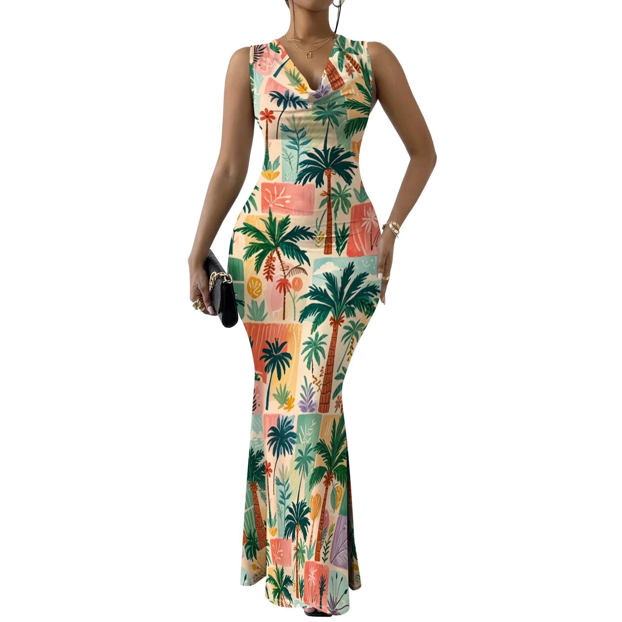 Women's Sexy V Neck Sleeveless Fitted Dress Elegant Casual Curve Pencil Skirt Cocktail Floral Print Long Evening Gown