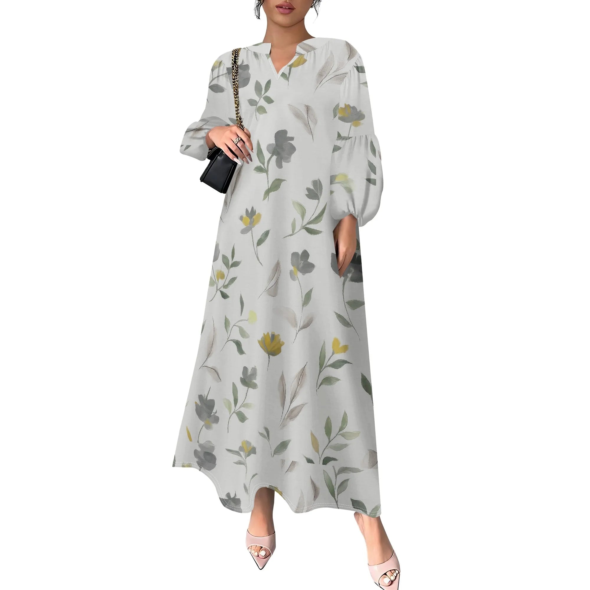 Women's Summer Boho Floral Long Sleeve V-Neck Midi Dress Casual Loose Colorful Beach Vacation Dress with Pockets