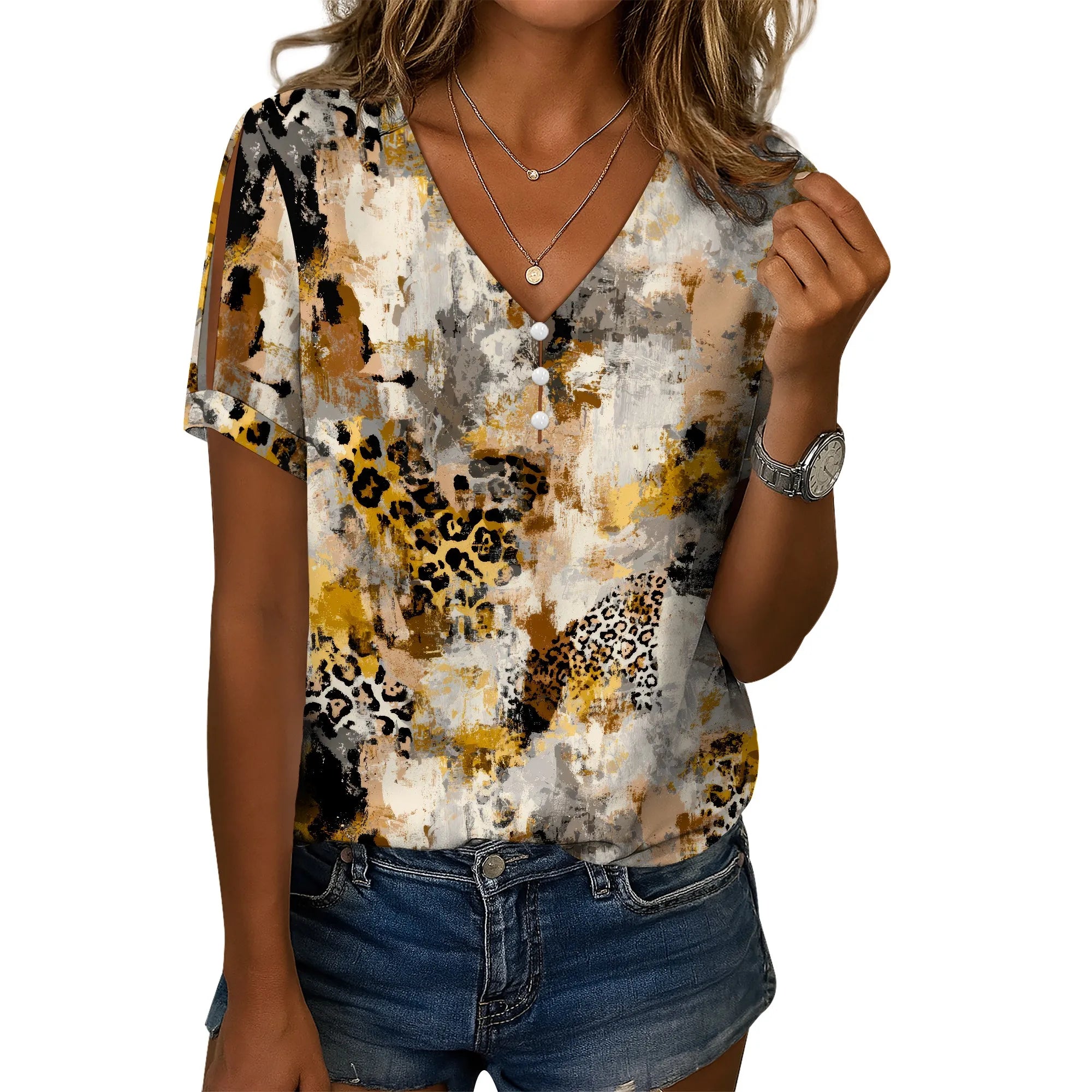 Cold Shoulder Casual Tops for Women Button Boho Floral Printed V-Neck Vintage Short Sleeve Summer T Shirts