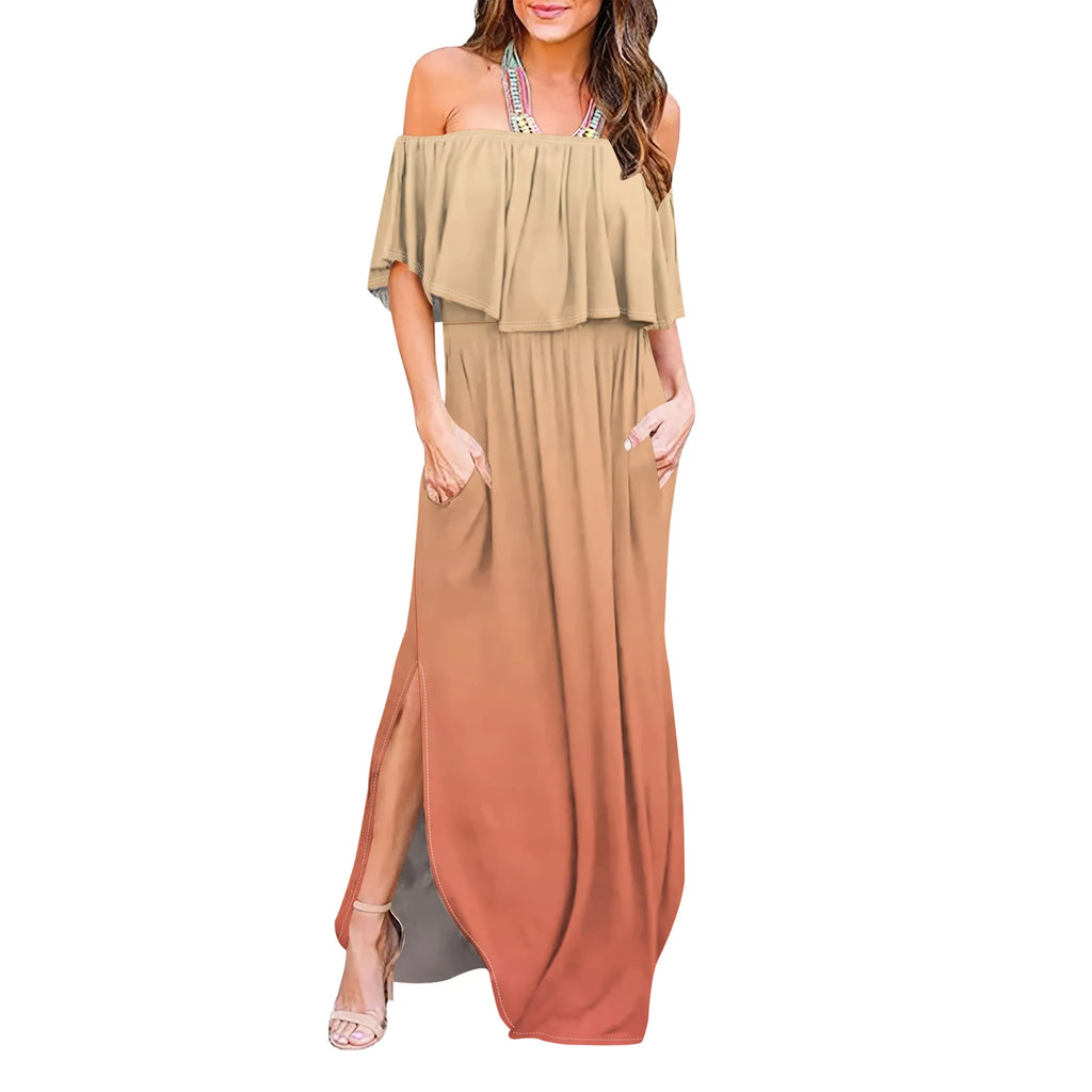 Womens Off The Shoulder Ruffle Party Dresses Side Split Beach Maxi Dress