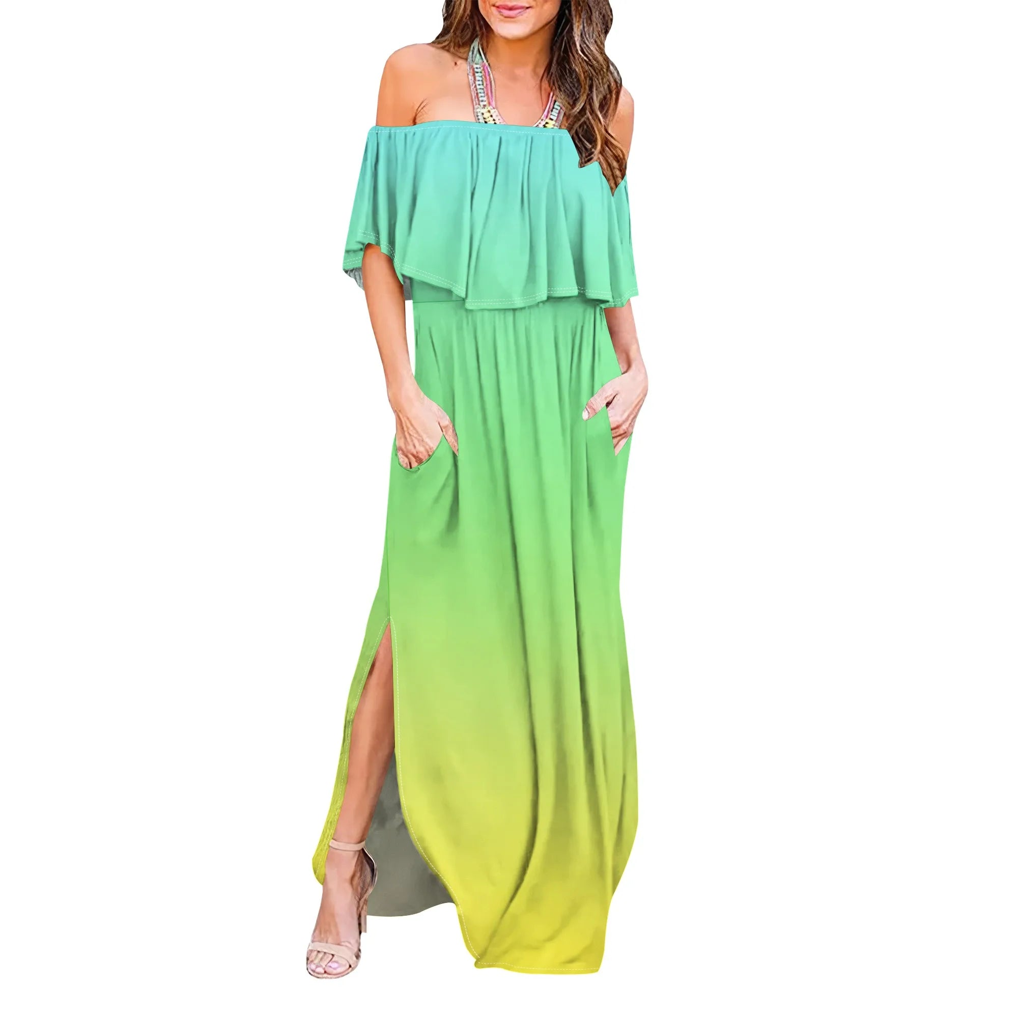 Womens Off The Shoulder Ruffle Party Dresses Side Split Beach Maxi Dress