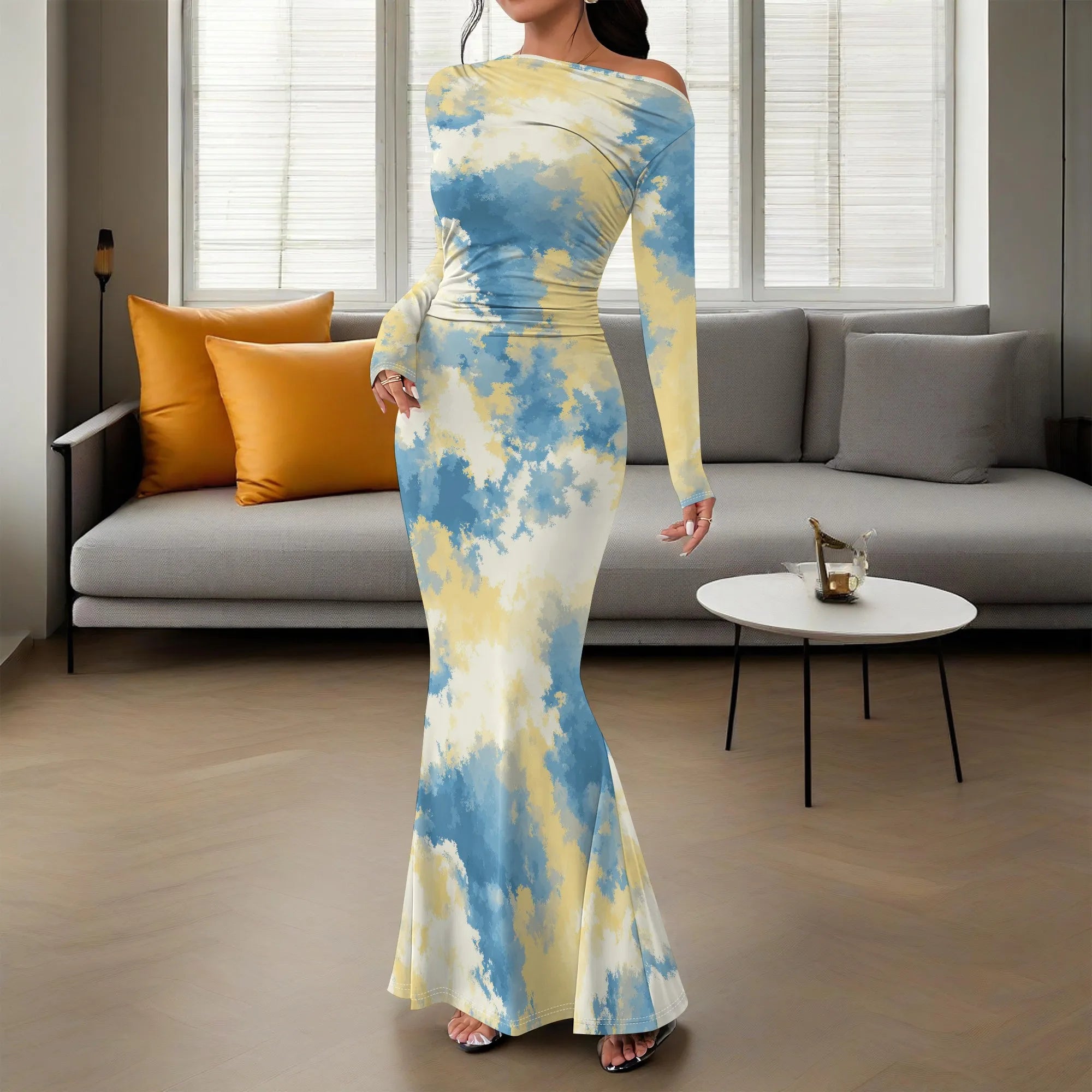 Vestido largo ajustado con cuello redondo y fruncido para mujer, manga larga, corte entallado, elegante, acampanado, para noche, cóctel o fiesta. 