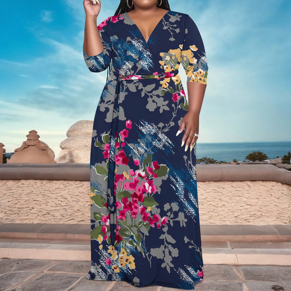 Plus Size Women's V-Neck Half Sleeve Abstract Floral Maxi Dress Elegant Summer Vacation Dress