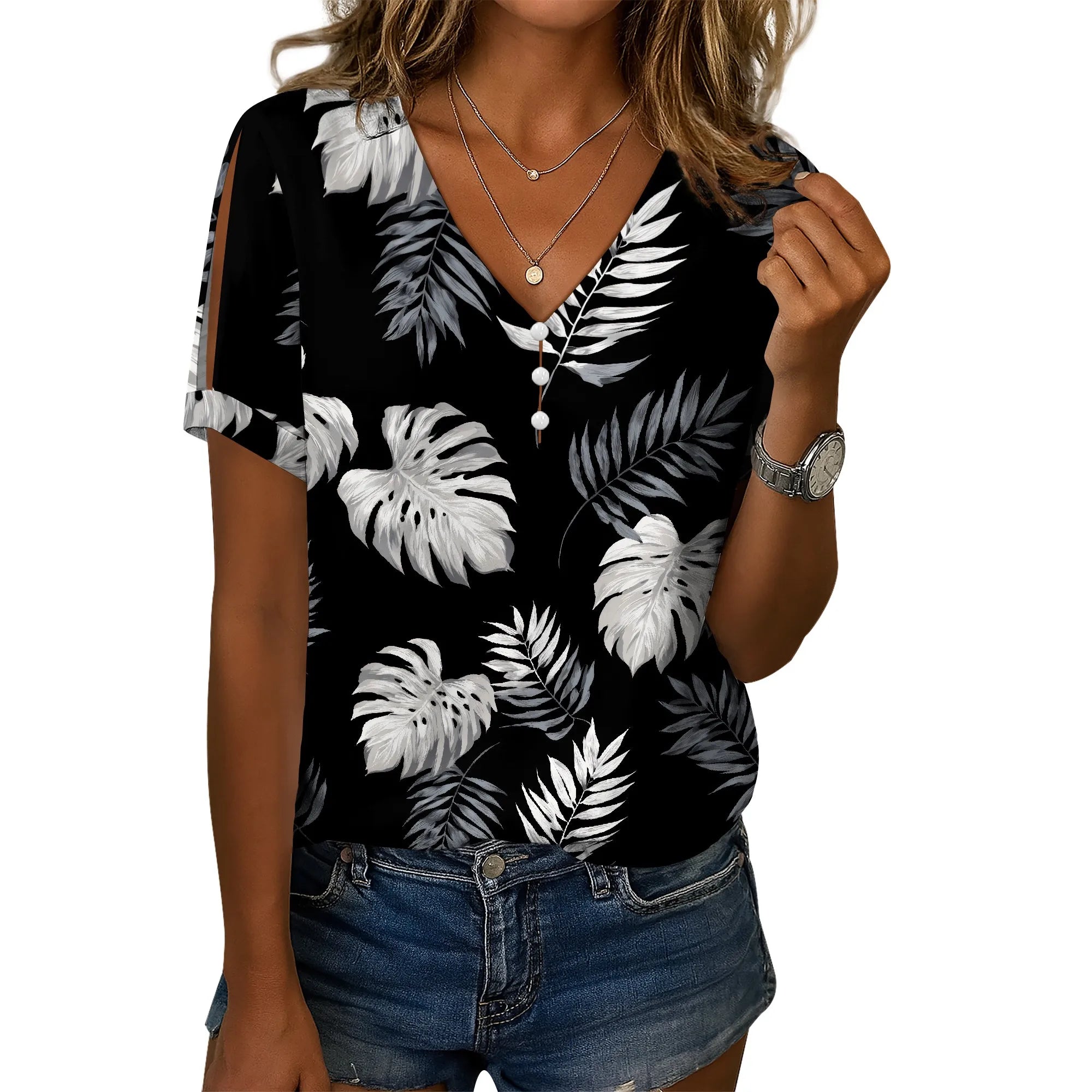 Cold Shoulder Casual Tops for Women Button Boho Floral Printed V-Neck Vintage Short Sleeve Summer T Shirts