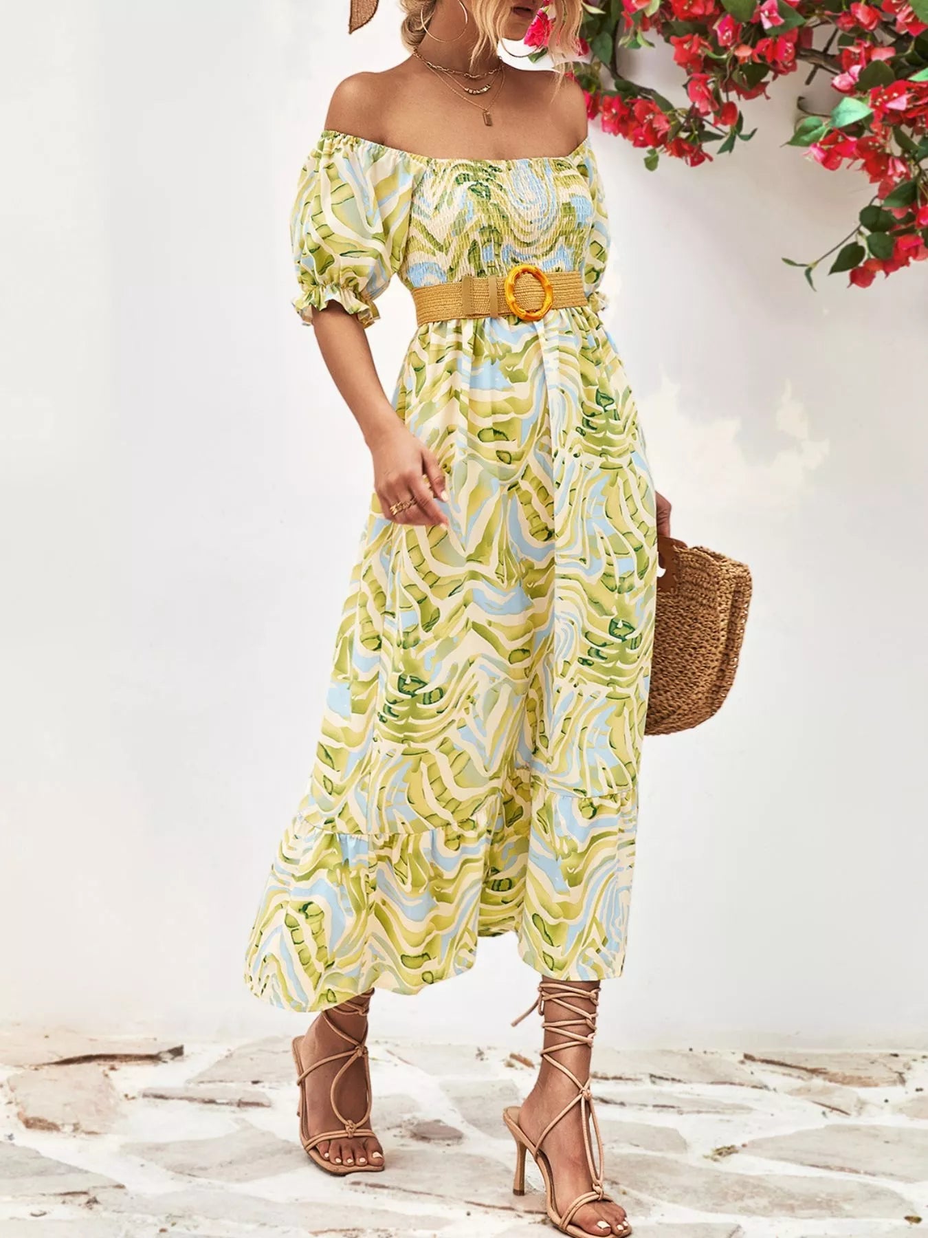 Smocked Printed Puff Sleeve : Midi Dress