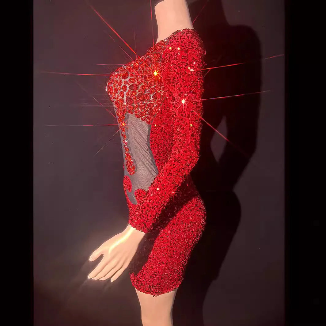 Red Rhinestone Perspective Fashion Sexy Party Dress Bar Nightclub Stage Performance Dress Elegant Party Red Bodycon Sexy Dresses