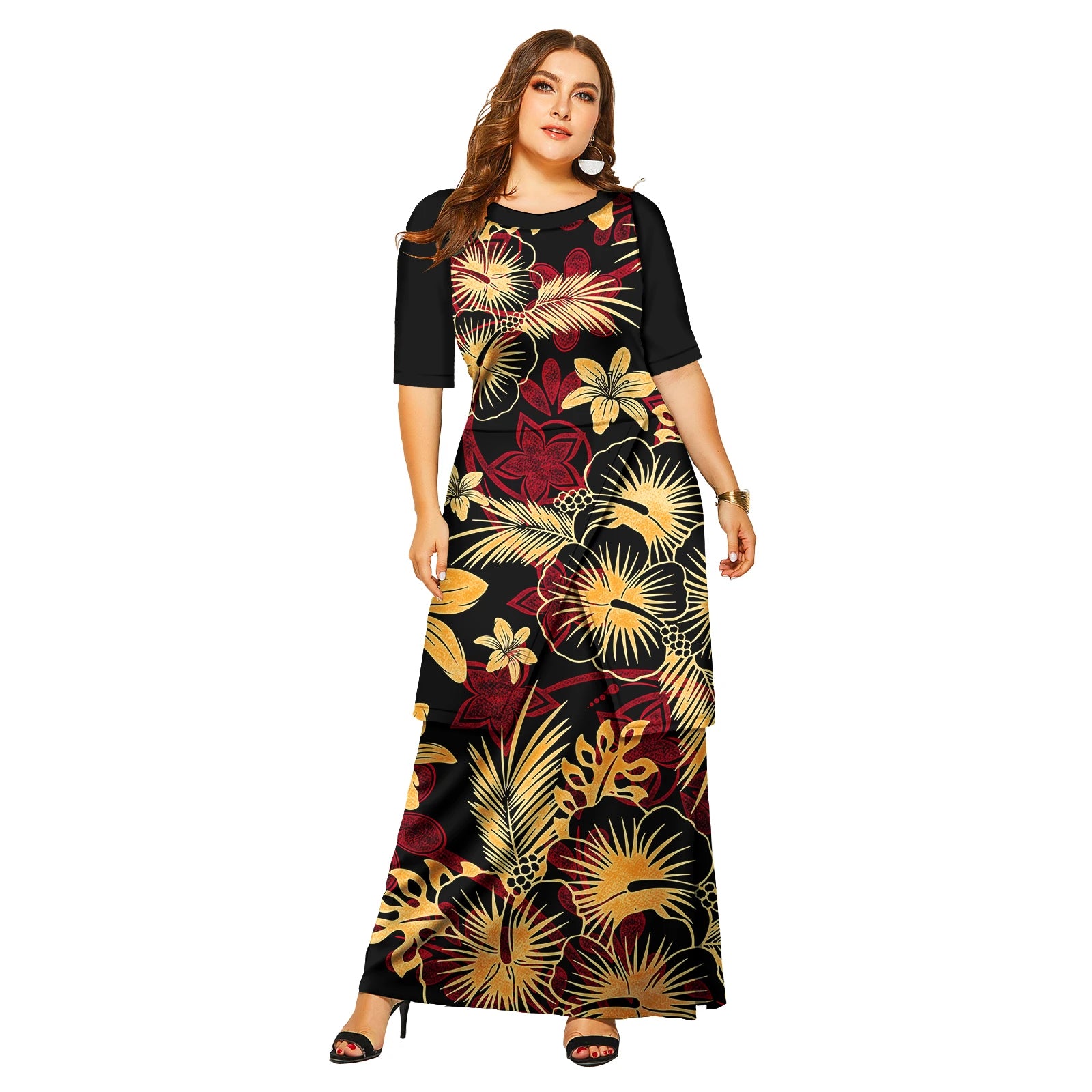 New Fashion Floral Sleeve Elegant Women Long Dress Pacific Island Hawaiian Beach Wear Puletasi Dresses