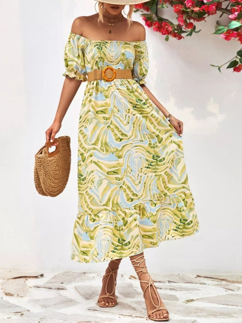 Smocked Printed Puff Sleeve : Midi Dress