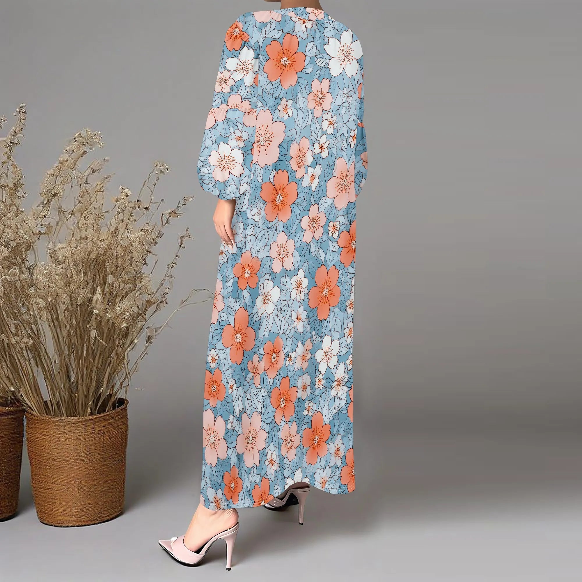 Women's Summer Boho Floral Long Sleeve V-Neck Midi Dress Casual Loose Colorful Beach Vacation Dress with Pockets