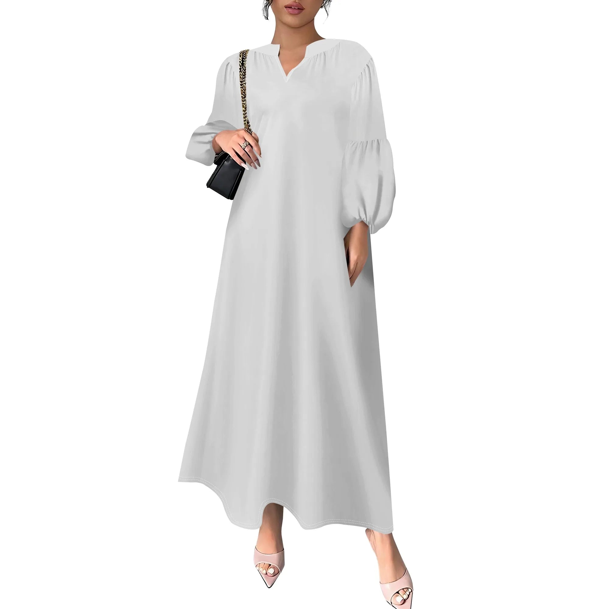 Women's Summer Boho Floral Long Sleeve V-Neck Midi Dress Casual Loose Colorful Beach Vacation Dress with Pockets