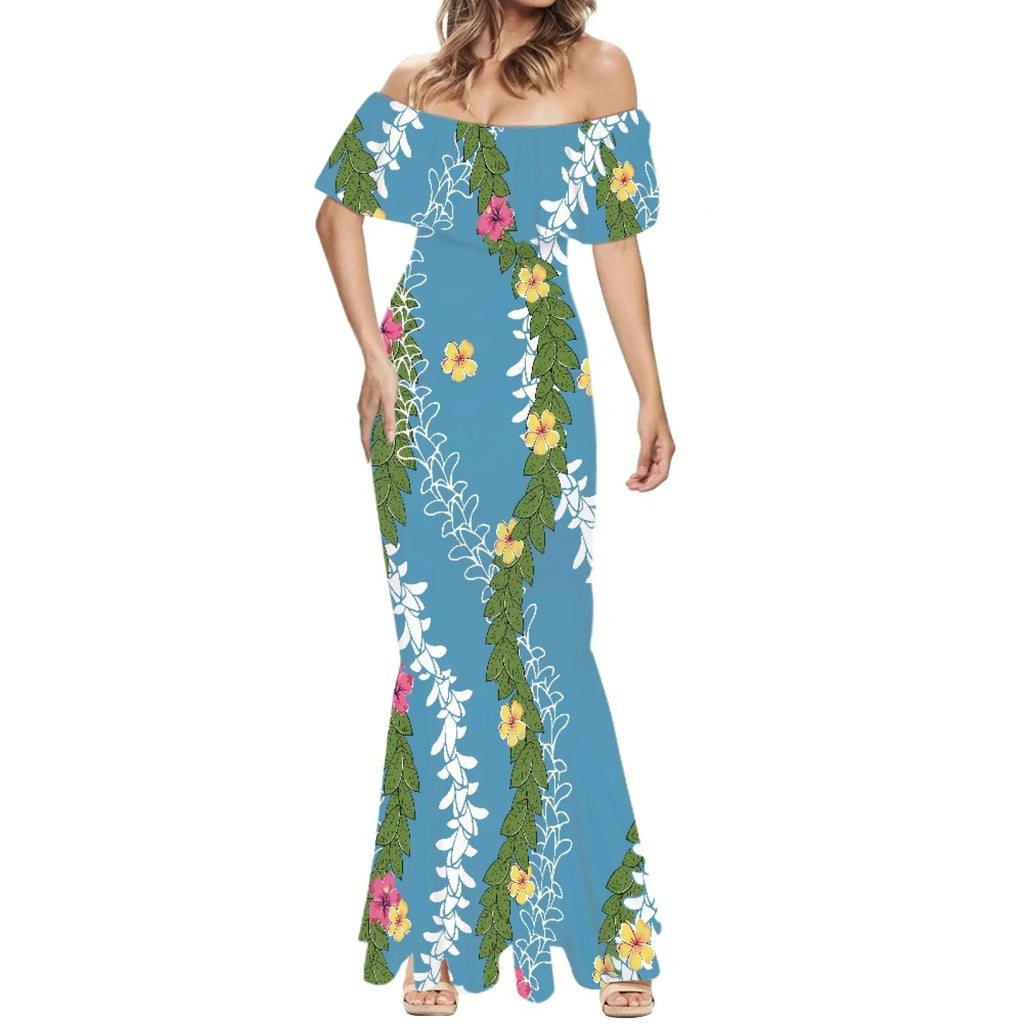 Elegante falda de cola de pez estilo Tonga con estampado floral hawaiano Puakenikeni polinesio premium 2025, hecha a medida. 