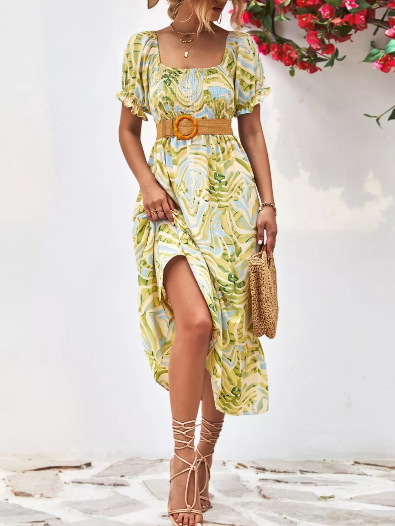 Smocked Printed Puff Sleeve : Midi Dress