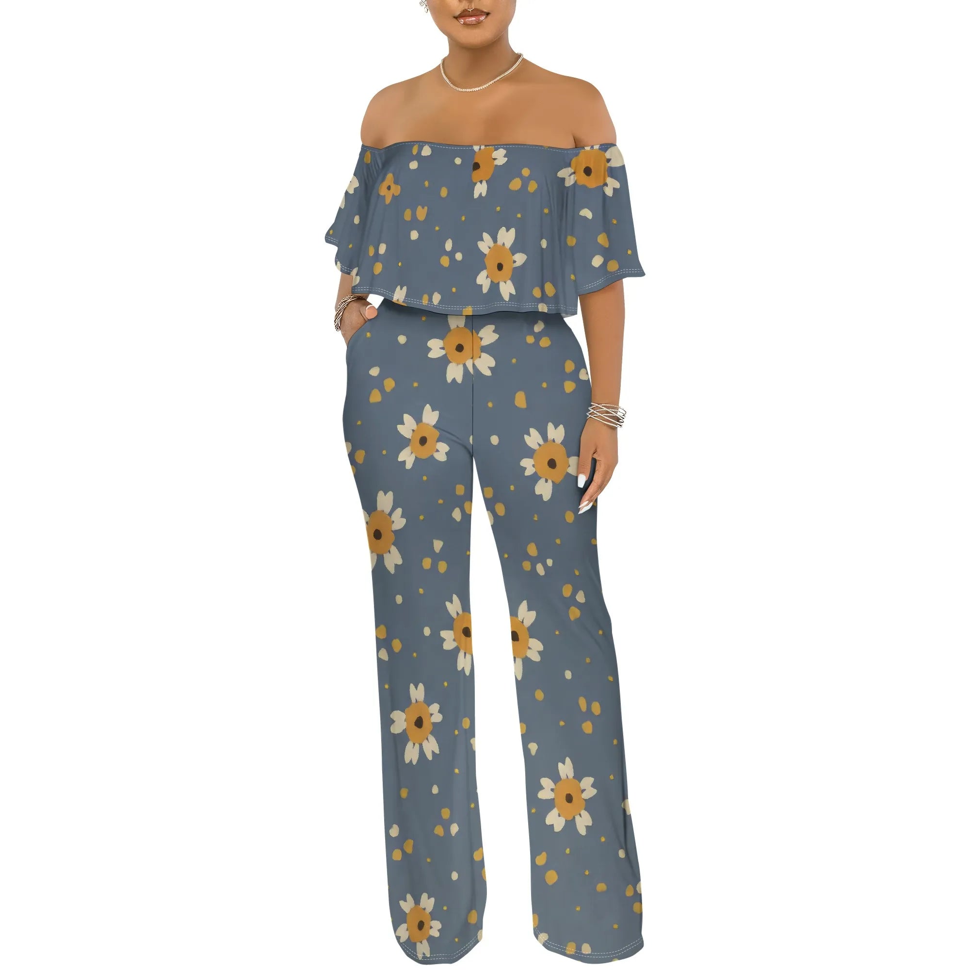 Off Shoulder Tube Top Ruffle Floral Print Jumpsuits for Women Wide Leg Pants Club Party Outfits Jumpsuit with Pockets