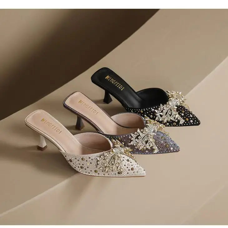 Pointed-toe, open-toe stiletto sandals with rhinestone bow detail Women's fashionable semi-open-toe high-heel sandals