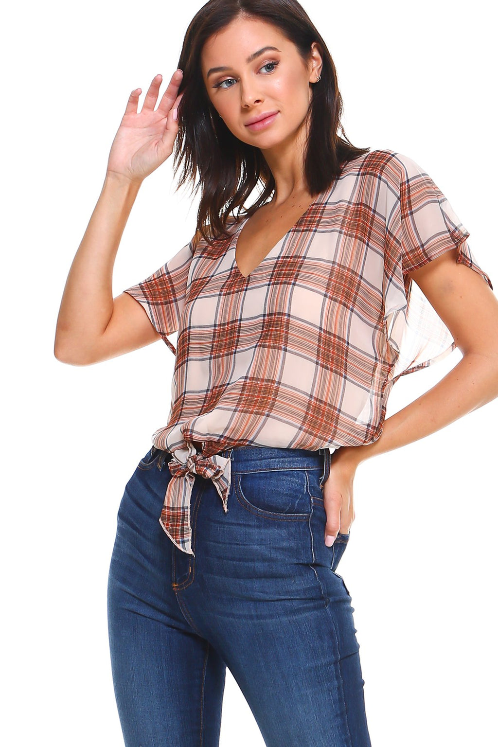 Blusa a cuadros con cuello en V y mangas con vuelo