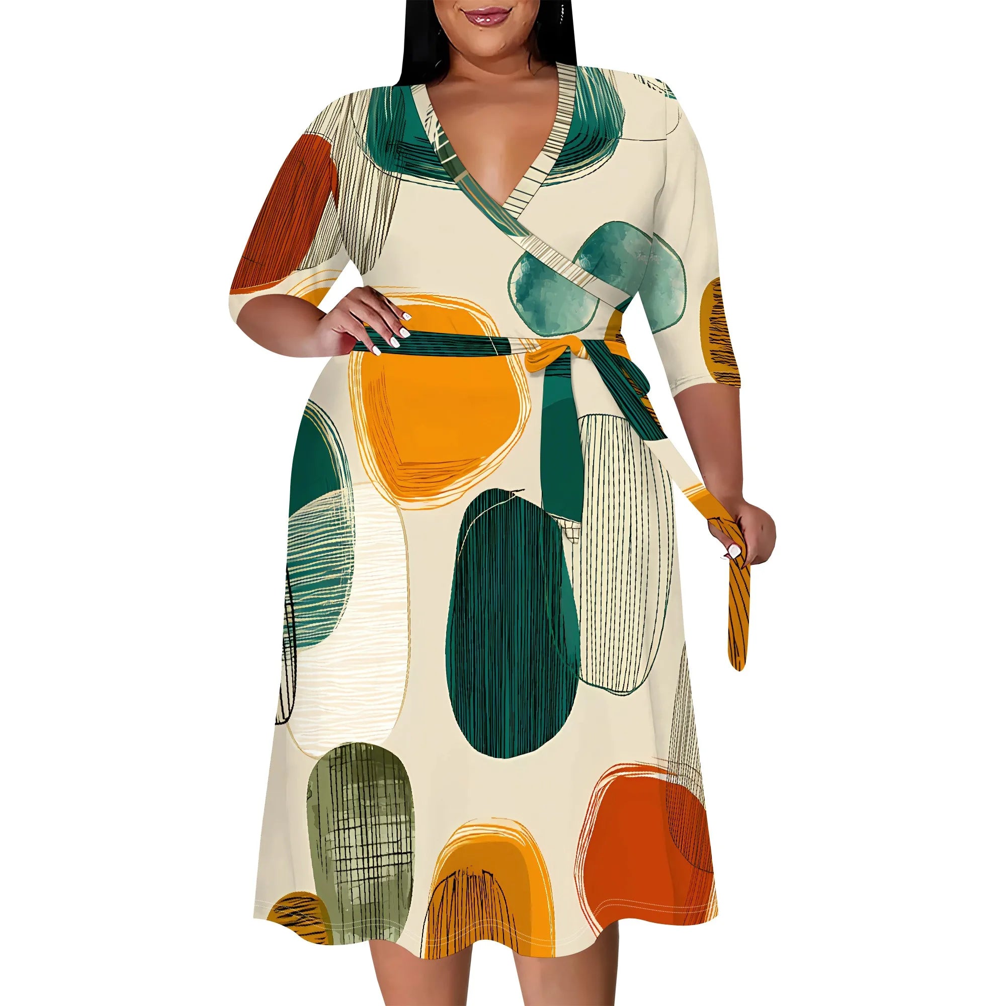 Plus Size V-Neck Wrap Midi Dress Abstract Dot Print Artistic Style Half Sleeve Summer Look