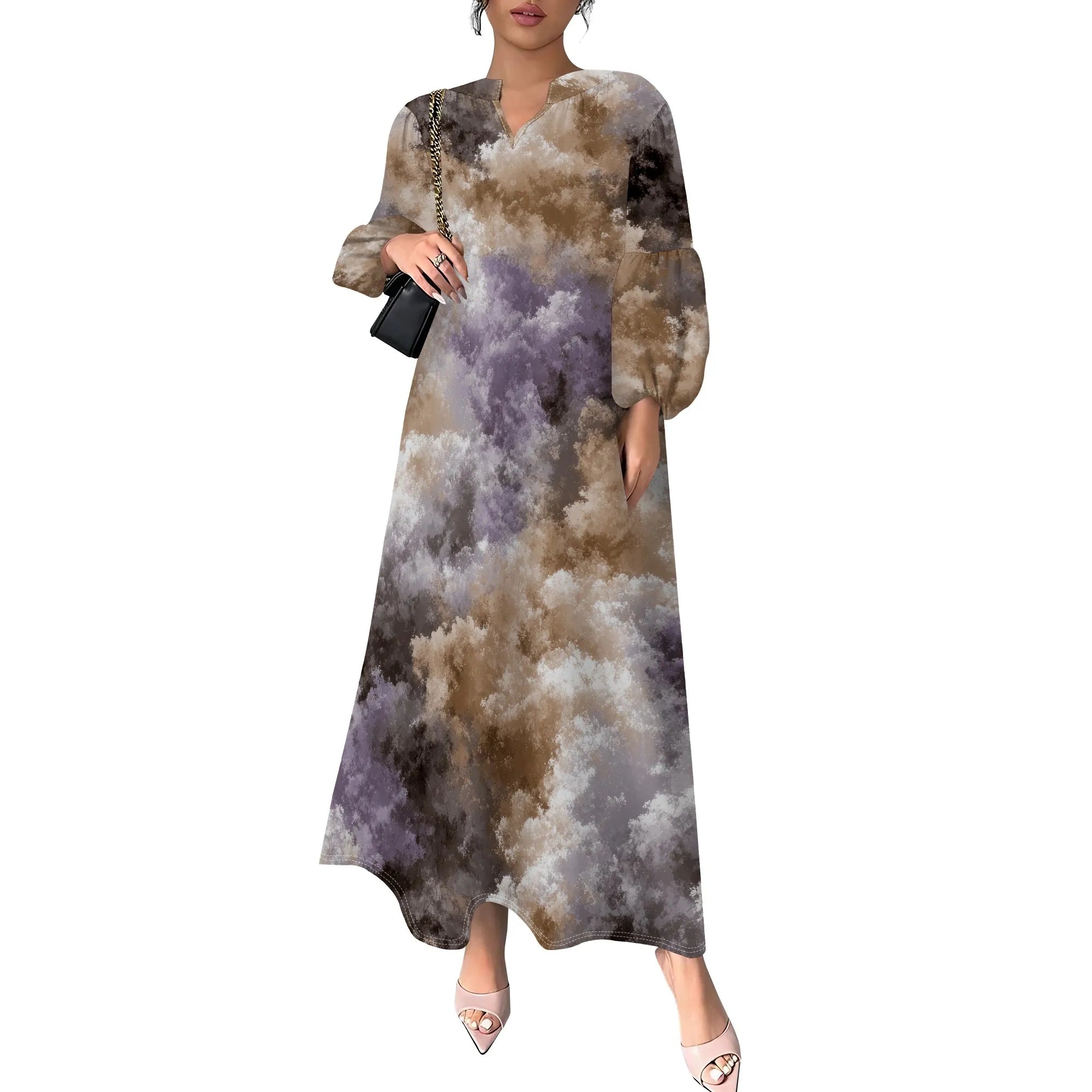 Women's Summer Boho Floral Long Sleeve V-Neck Midi Dress Casual Loose Colorful Beach Vacation Dress with Pockets