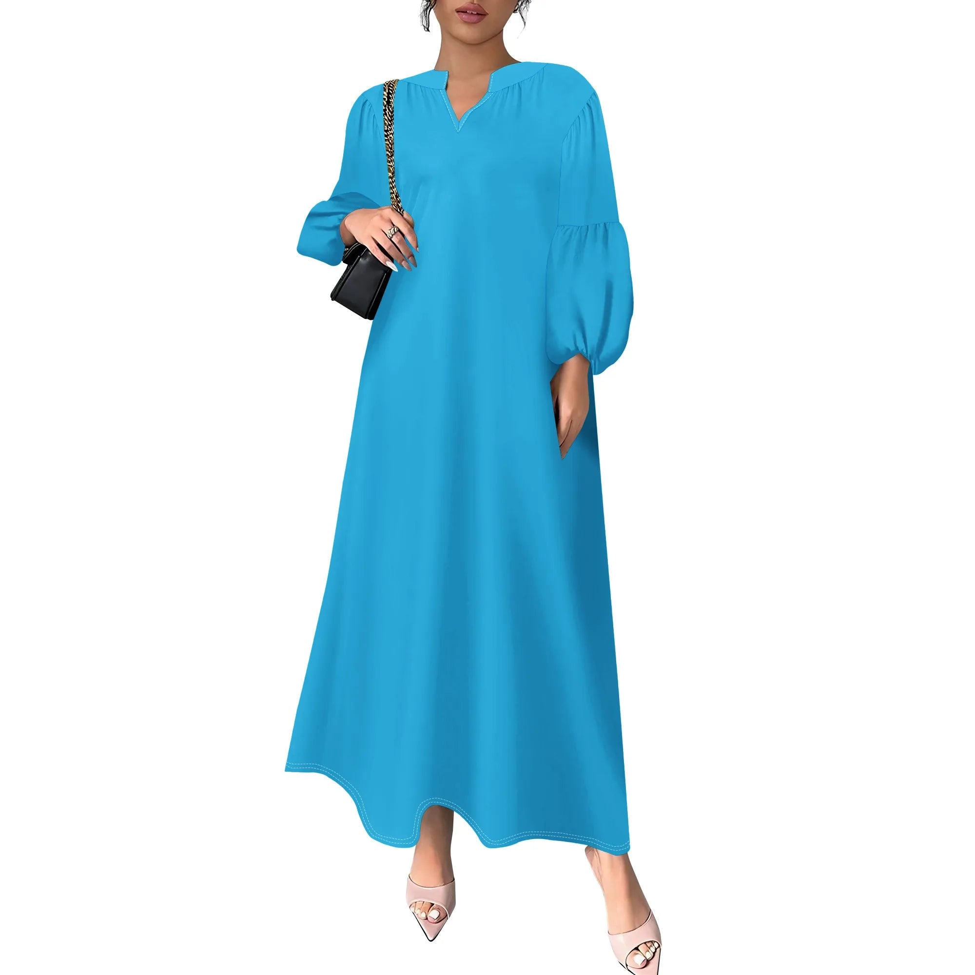 Women's Summer Boho Floral Long Sleeve V-Neck Midi Dress Casual Loose Colorful Beach Vacation Dress with Pockets