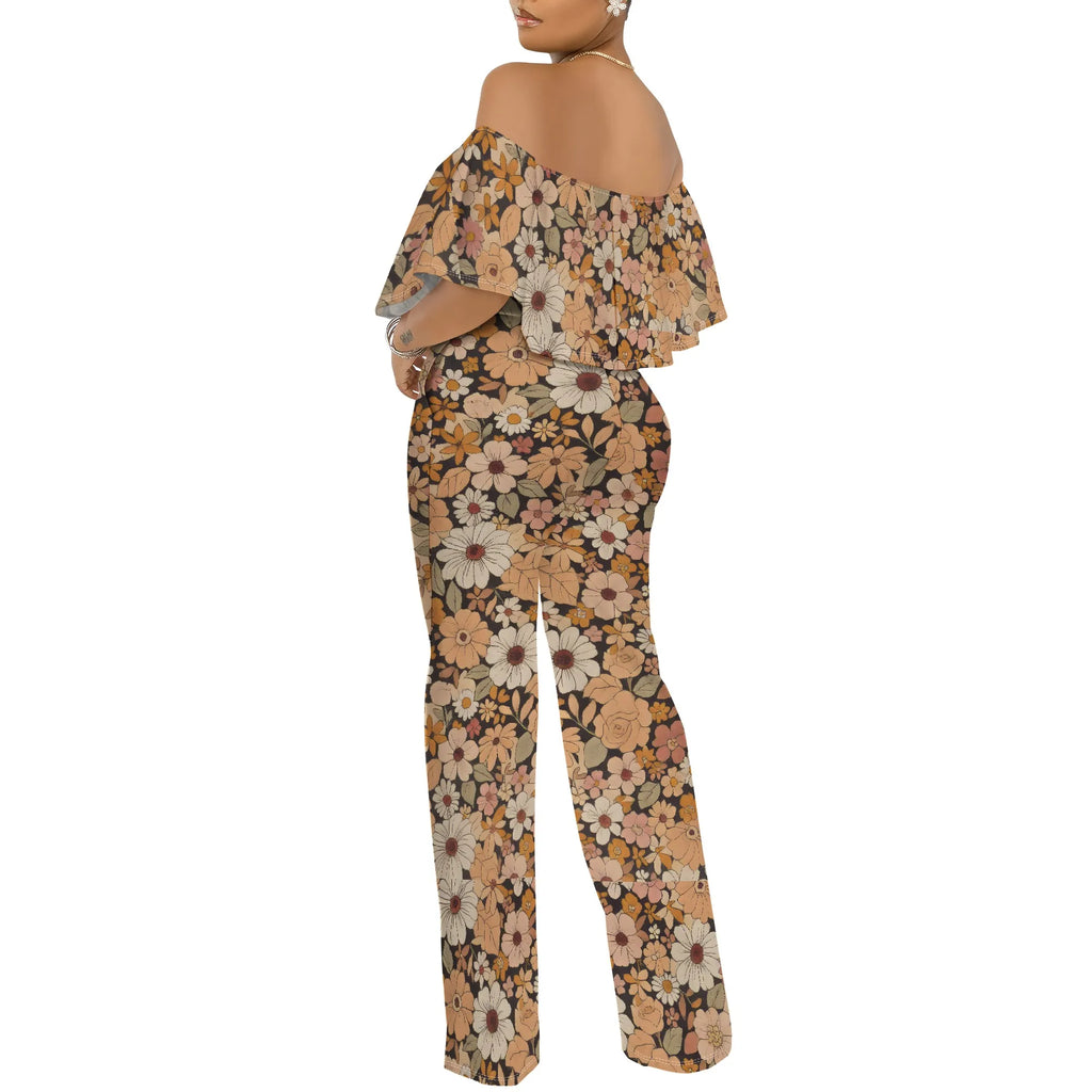 Off Shoulder Tube Top Ruffle Floral Print Jumpsuits for Women Wide Leg Pants Club Party Outfits Jumpsuit with Pockets