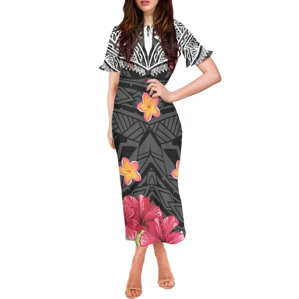 Summer Flowers Polynesian Tiare Monoi Tattoo Dress Hawaiian Style Women's Ruffle Short Sleeve Dress Casual Clothing