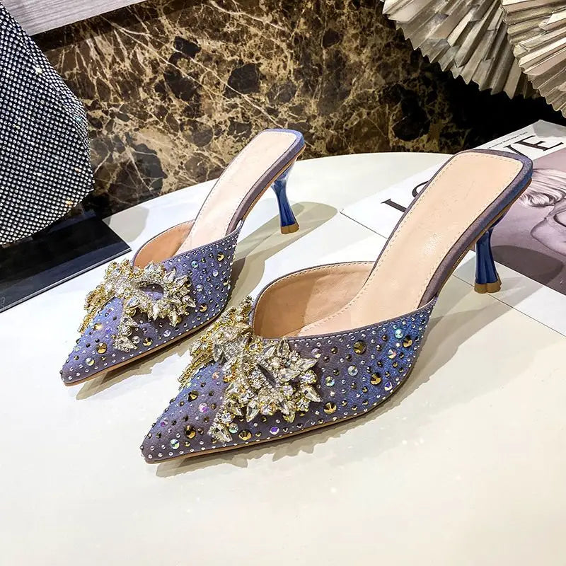 Pointed-toe, open-toe stiletto sandals with rhinestone bow detail Women's fashionable semi-open-toe high-heel sandals