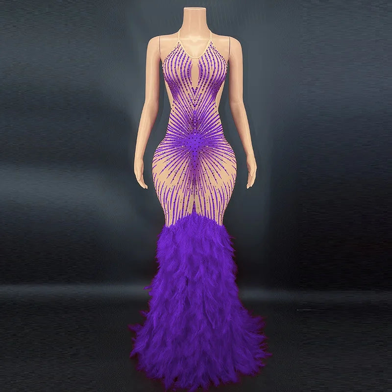 Products Blue Rhinestone Feather Dress Mesh Red Evening Elegant Evening Dresses Luxury Abito Da Cerimonia Donna Birthday Dresses