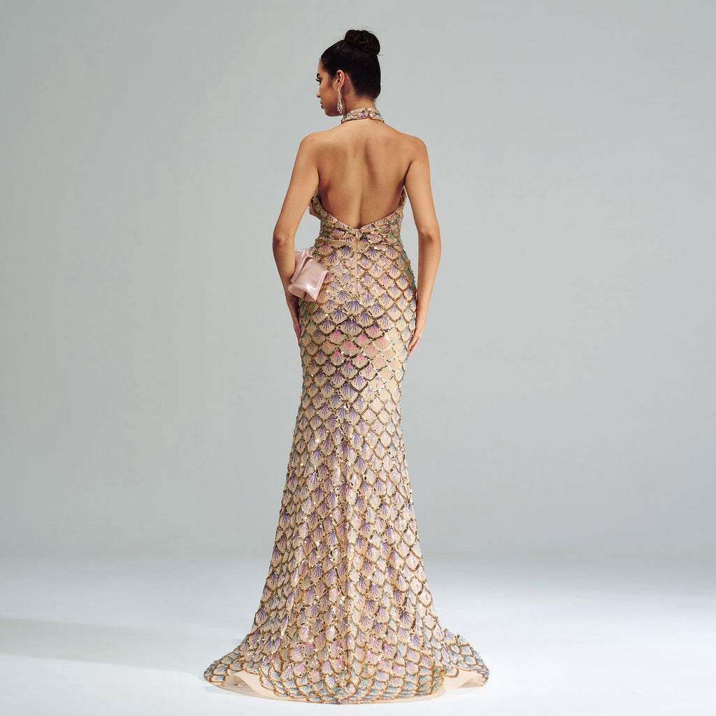 “Champagne Glam” Halter Mermaid Dress – Luxury for Elite Occasions