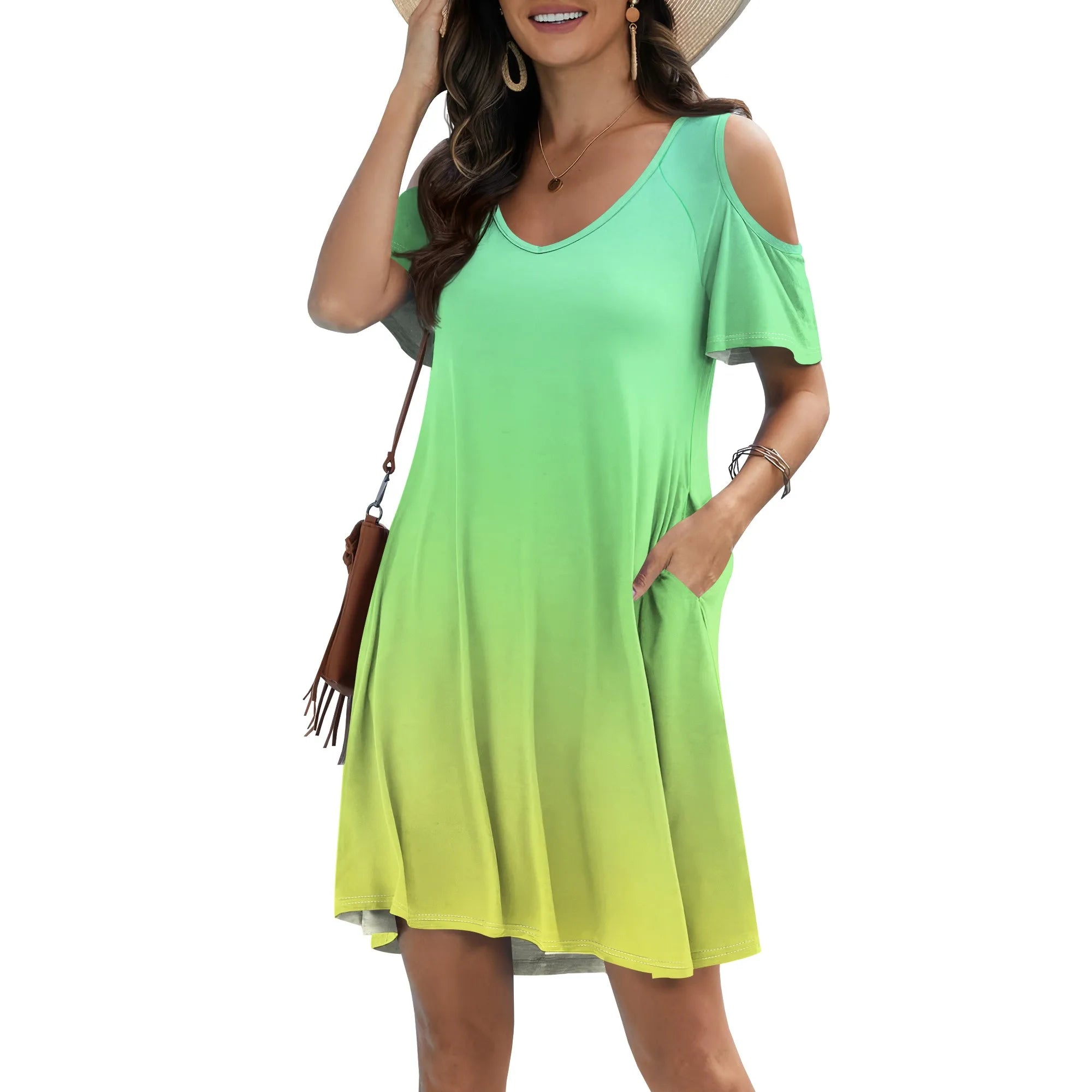 Womens Plus Size Short Sleeve Cold Shoulder V Neck T-Shirt Dress with Pockets