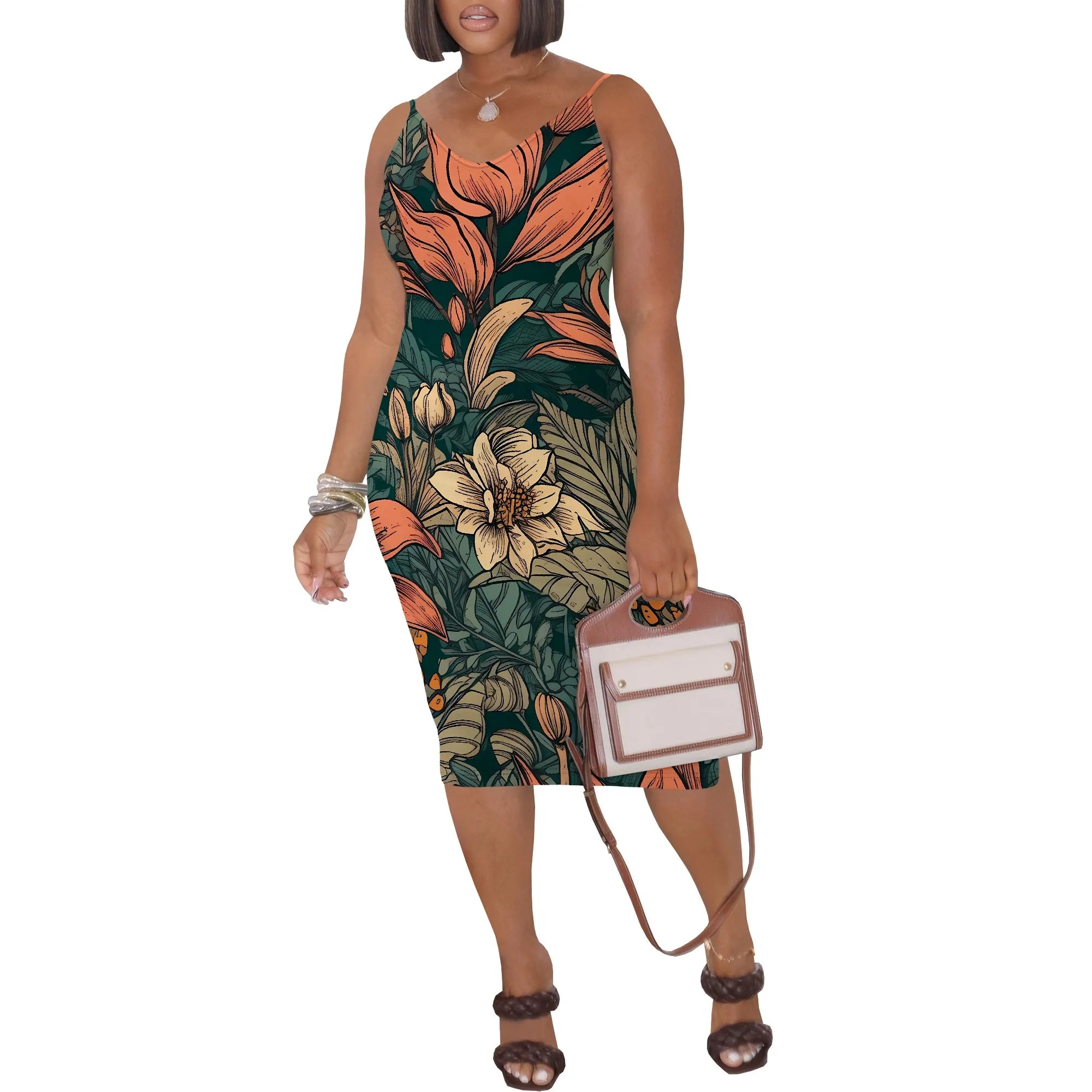 Summer Floral Spaghetti Strap Bodycon Midi Dress for Women Sexy Sleeveless Sundress Beach Vacation Wear