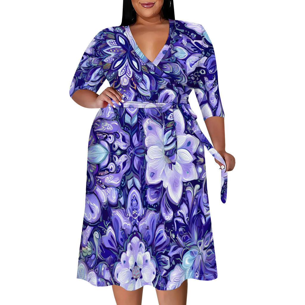 Plus Size V-Neck Wrap Midi Dress Purple Swirl Floral Print 3/4 Sleeve Elegant Look