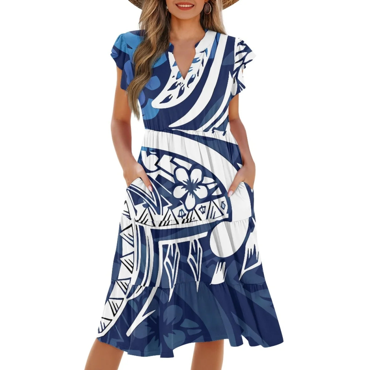 New Arrival Purple Polynesian Tiare Flower Dress Fashion Elegant Hawaiian Women Deep V Neck Pocket Waist Splicing Dress