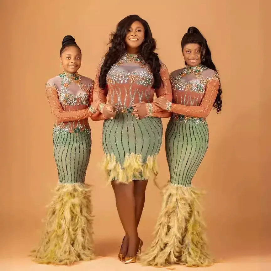 Diamond Birthday Clothing New Year's Shiny Diamond Yellow Feather Fancy Evening Dress Elegant Dinner Network Luxury Prom Dresses