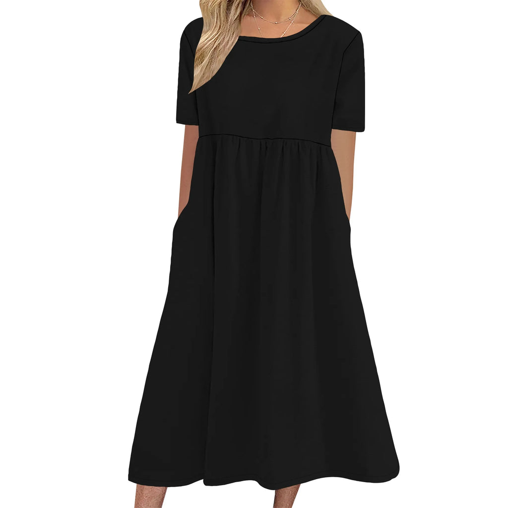 Robe longue en lin à manches courtes pour femme, coupe ample et décontractée, grande taille, avec poches, idéale pour la plage. 