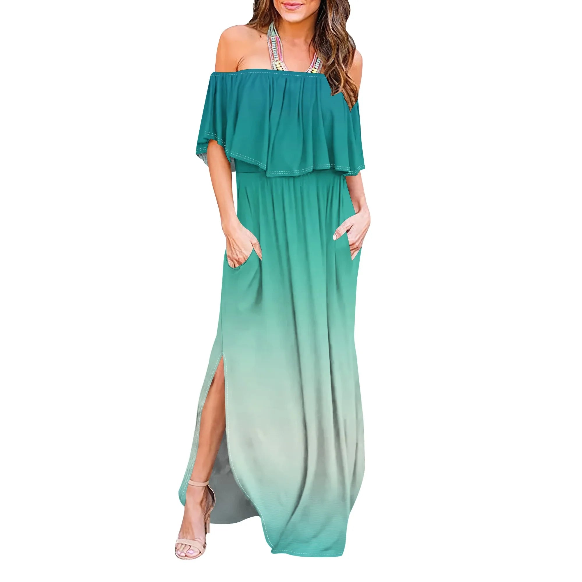 Womens Off The Shoulder Ruffle Party Dresses Side Split Beach Maxi Dress
