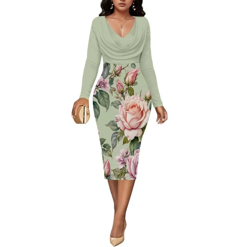 Womens Midi Dresses Church Dresses Long Sleeve Bodycon Cowl Neck Pencil Dress