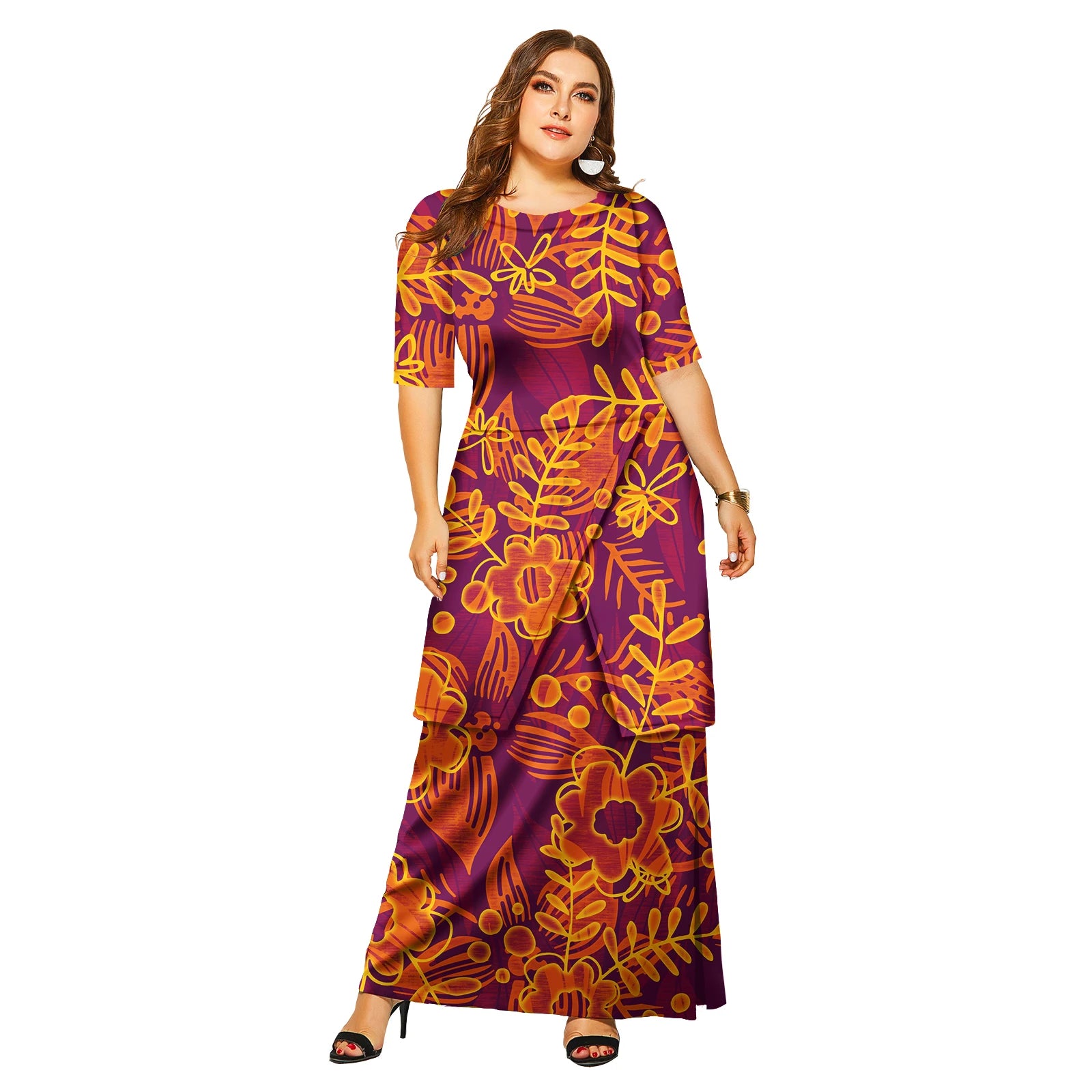 New Fashion Floral Sleeve Elegant Women Long Dress Pacific Island Hawaiian Beach Wear Puletasi Dresses