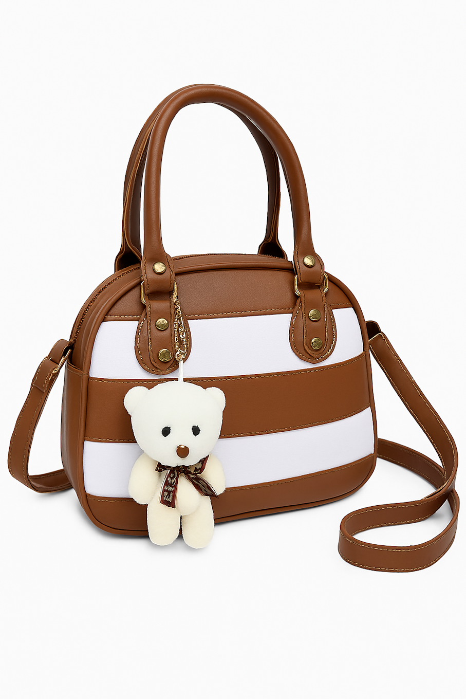 Chic Brown-White Bag with Cute Teddy Charm