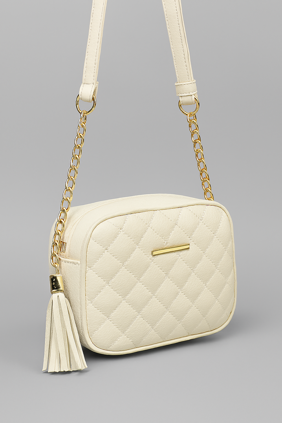 Elegant Cream Quilted Bag with Gold Chain Tassel