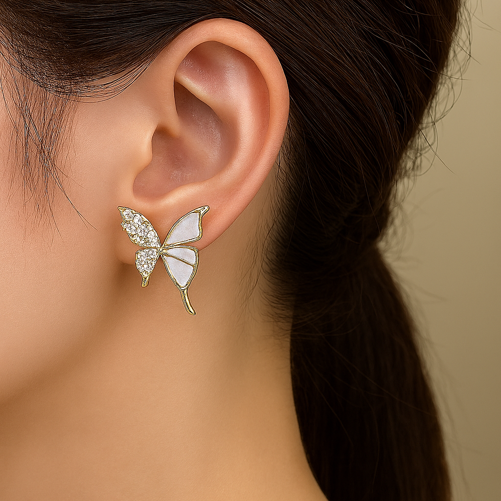 Delicate Gold Butterfly Stud Earrings with Crystal and Enamel Wings
