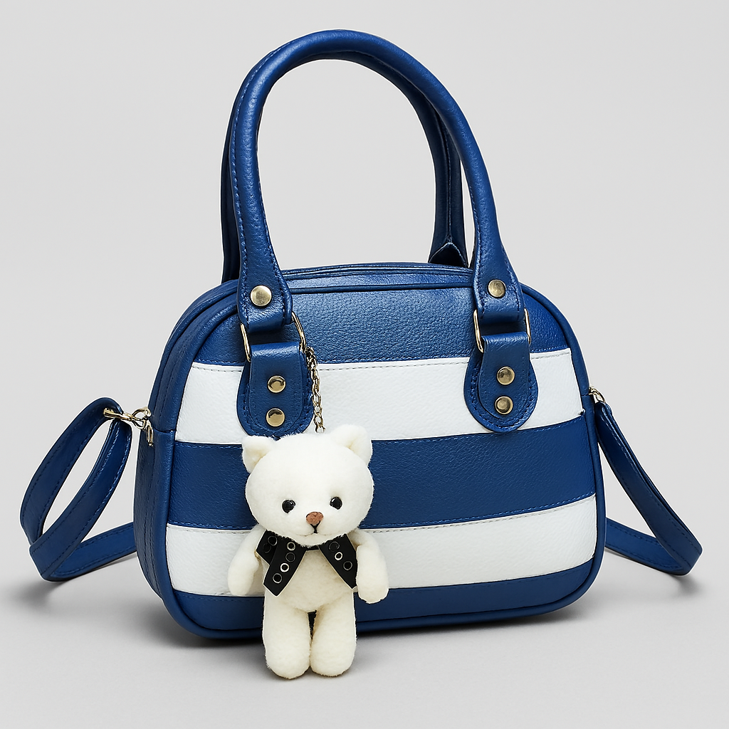 Chic Nabvy Blue-White Bag with Cute Teddy Charm