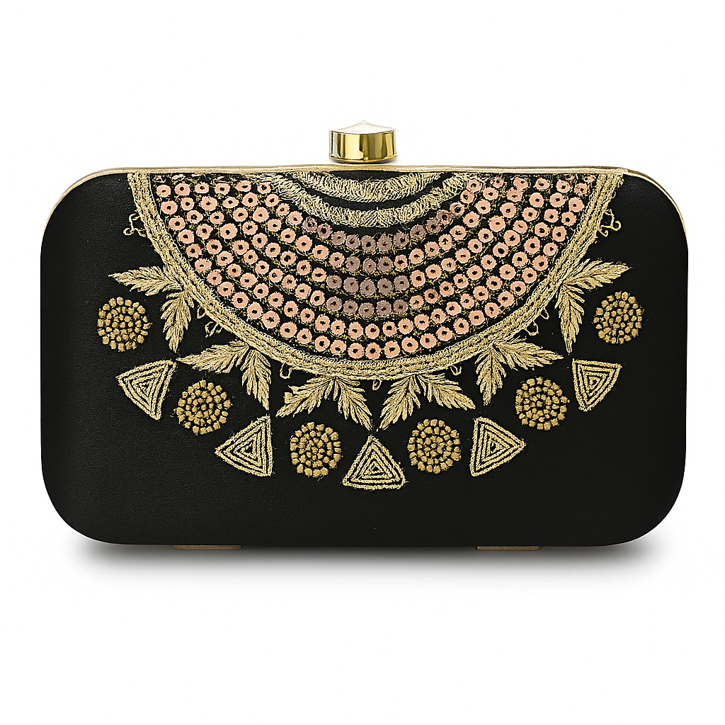 Designer Black Clutch with Golden Embroidered Art