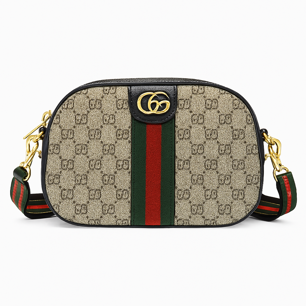 Beige Designer Crossbody Bag with Gold Accents