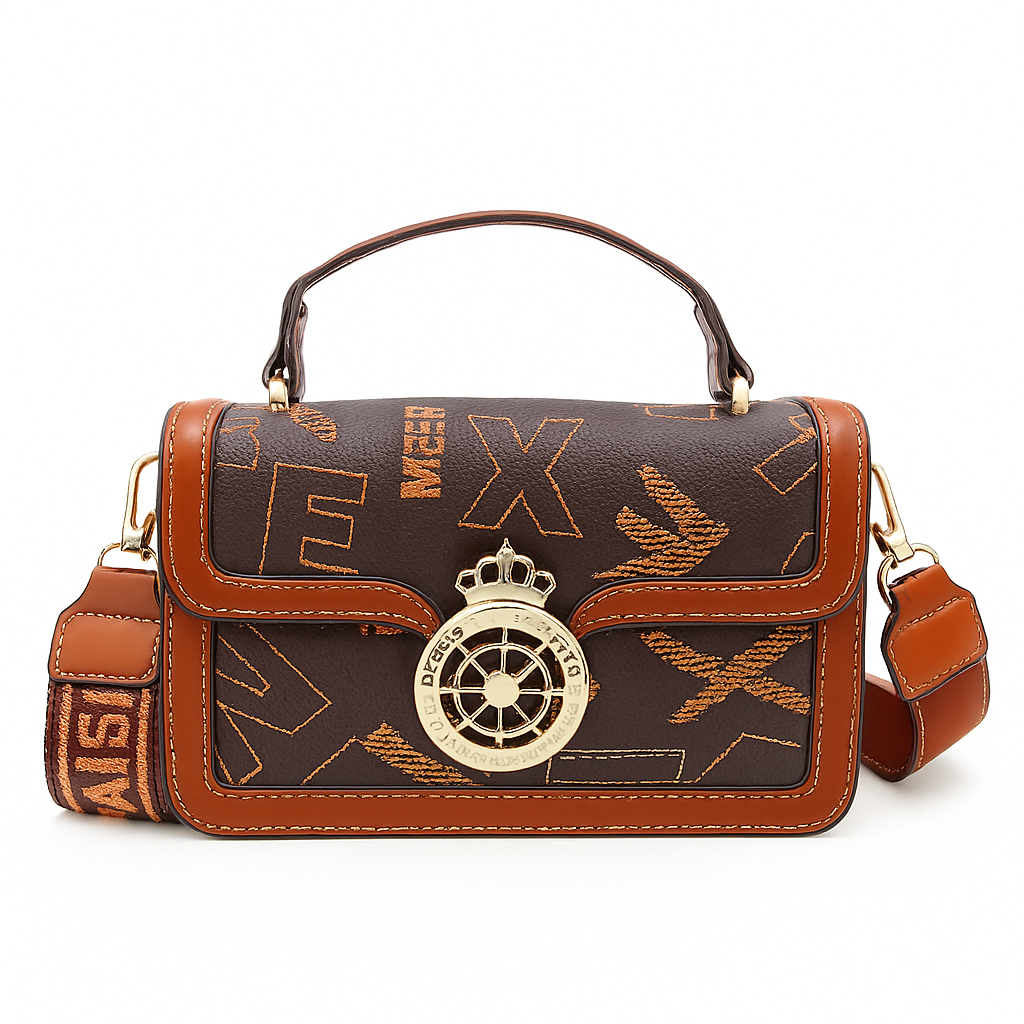 Black Handbag with Gold Emblem Detail