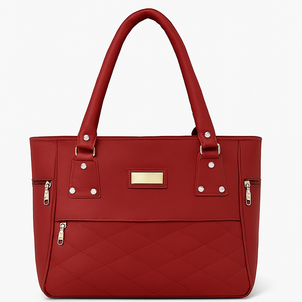 Elegant Red Quilted Tote Bag with Gold Zip Accents