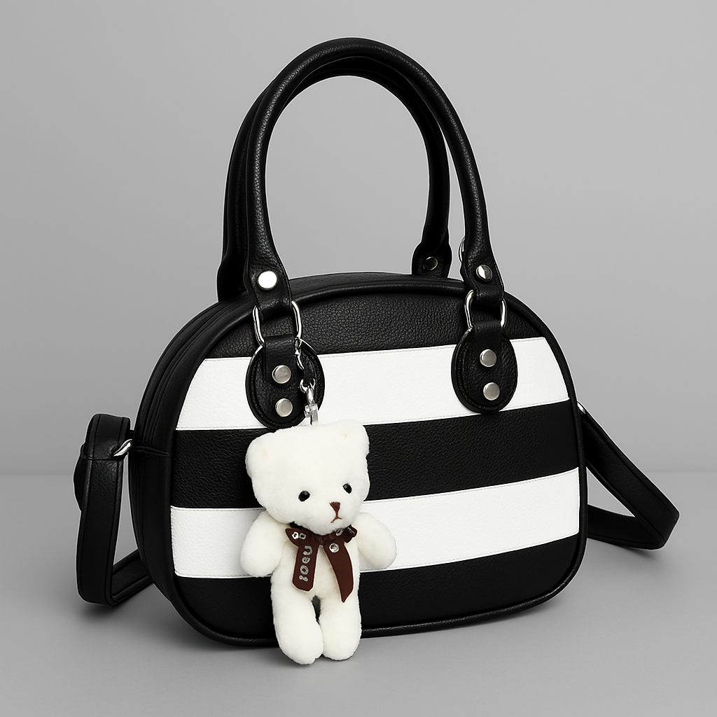Chic Black-White Bag with Cute Teddy Charm