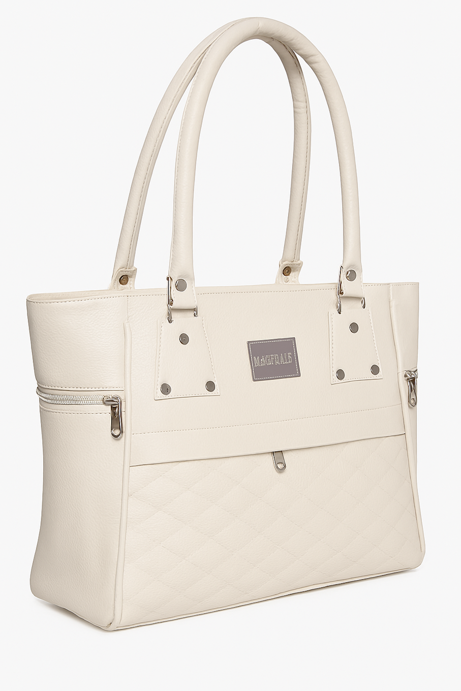 Elegant White Quilted Tote Bag with Gold Zip Accents