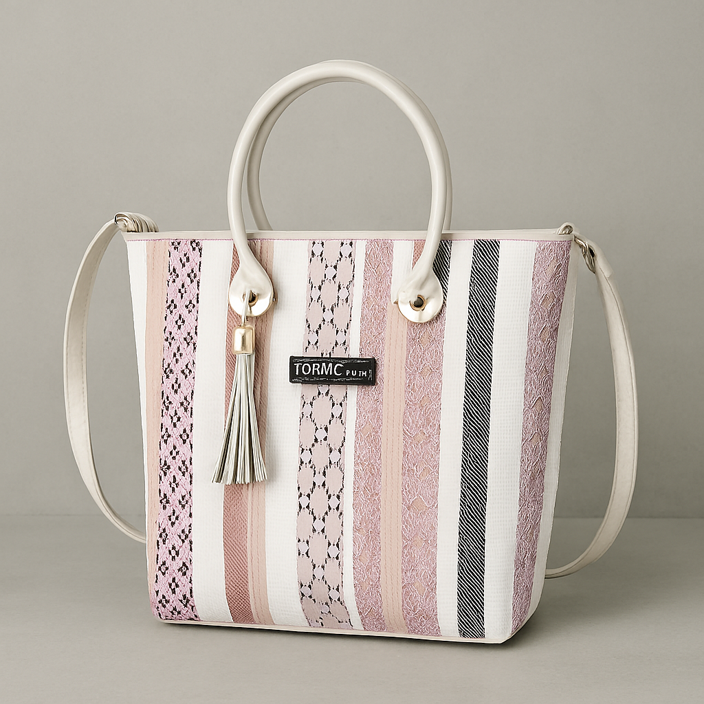 Chic Pastel Striped Tote Bag with Tassel Detail