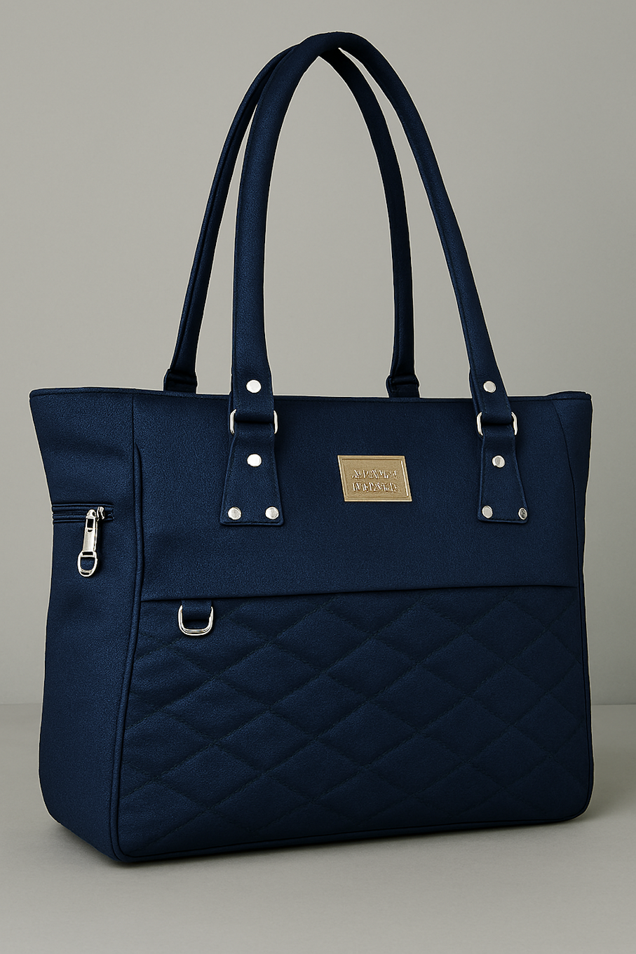 Elegant Navy Blue Quilted Tote Bag with Gold Zip Accents
