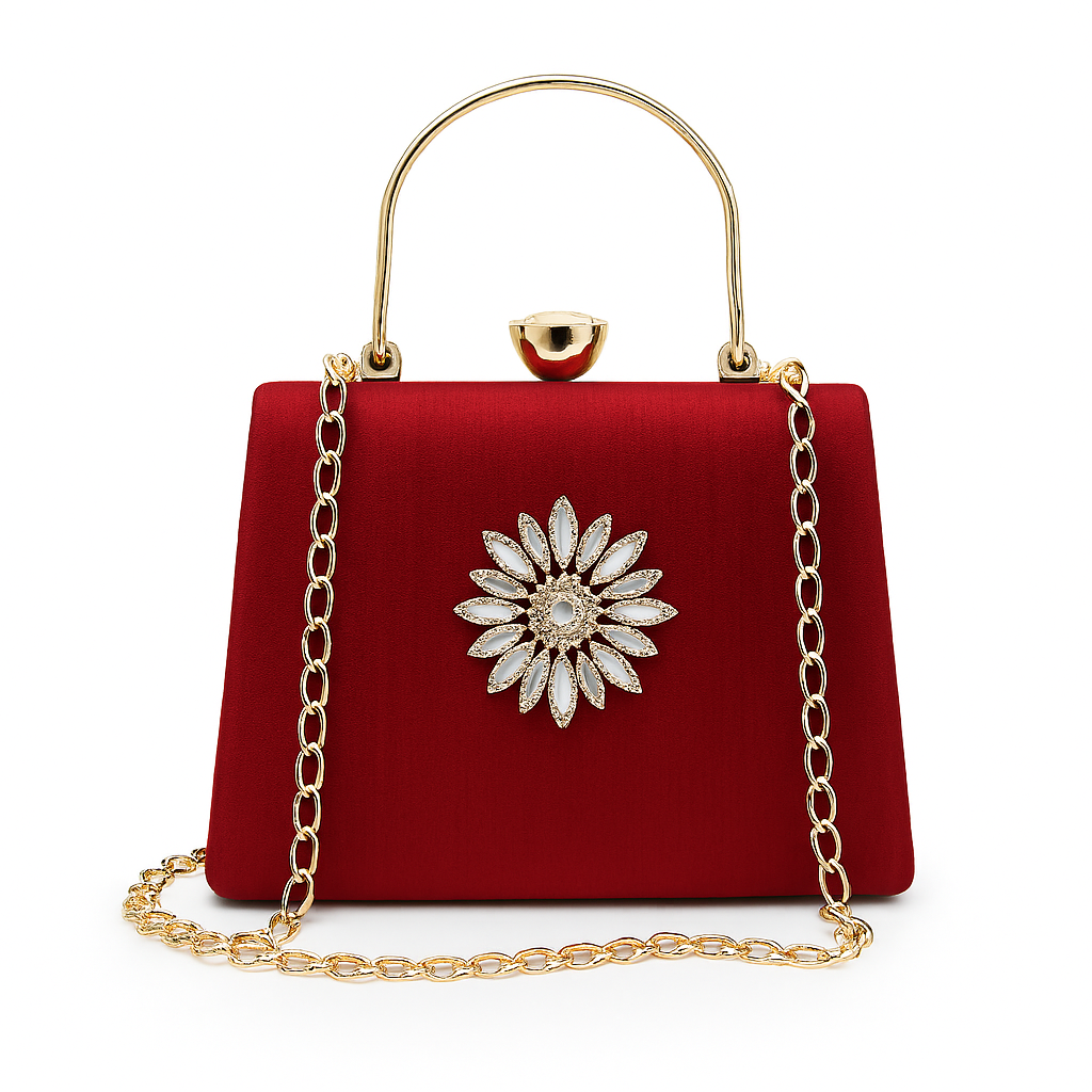 Elegant Red Clutch with Floral Stone and Gold Chain